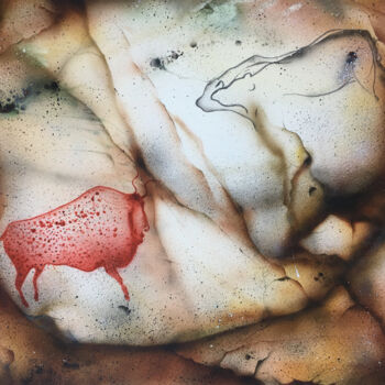 Malerei mit dem Titel "Bison et lionnes /…" von Fabien Dreuil, Original-Kunstwerk, Airbrush