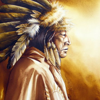 Painting titled "the chief" by Fabien Petillion, Original Artwork, Watercolor