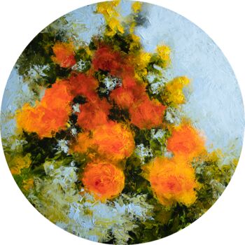 Painting titled "Tondo floral aux ro…" by Fabienne Monestier, Original Artwork, Oil Mounted on Wood Stretcher frame