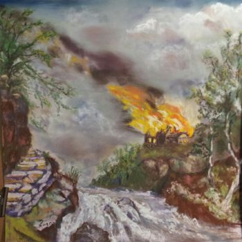 Painting titled "Incendie et torrent" by Munro, Original Artwork, Pastel