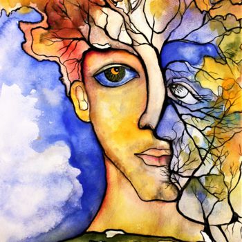 Painting titled "arbres" by Fabienne Roques, Original Artwork, Watercolor