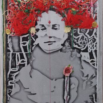 Textilkunst mit dem Titel "Au bois dormant" von Fabienne Rubin, Original-Kunstwerk, Stickerei Auf Karton montiert