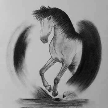 「Tête de cheval N°3」というタイトルの描画 Fabienne Soubrenieによって, オリジナルのアートワーク, 木炭