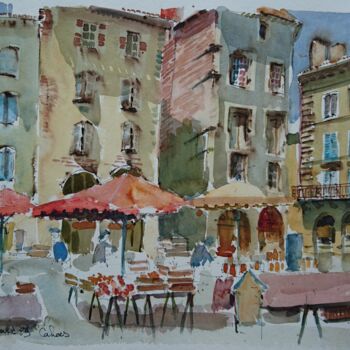 Painting titled "Cahors - Place du M…" by Vincent Dumolard, Original Artwork, Watercolor