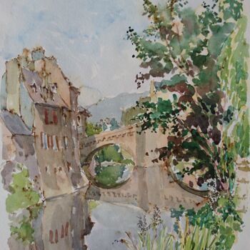Painting titled "Mende, Pont Notre-D…" by Vincent Dumolard, Original Artwork, Watercolor