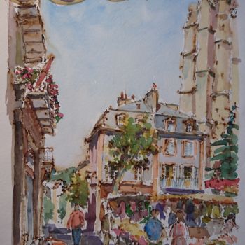 Painting titled "Mende, Place Chaptal" by Vincent Dumolard, Original Artwork, Watercolor