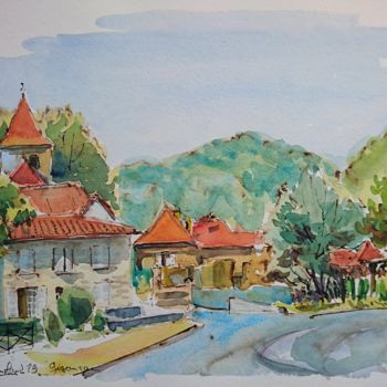 Painting titled "Gigouzac, église Sa…" by Vincent Dumolard, Original Artwork, Watercolor