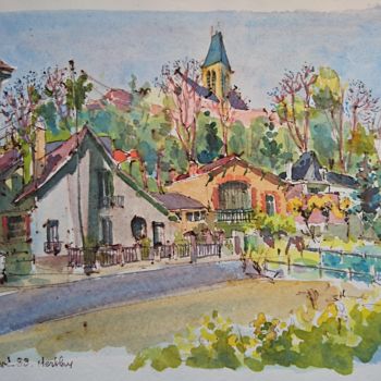 Painting titled "Herblay, église Sai…" by Vincent Dumolard, Original Artwork, Watercolor