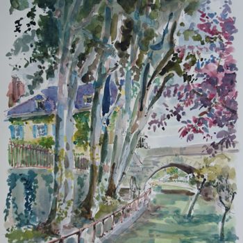 Painting titled "L'Isle-Adam, le pon…" by Vincent Dumolard, Original Artwork, Watercolor