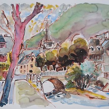 Peinture intitulée "Arreau, bord de Nes…" par Vincent Dumolard, Œuvre d'art originale, Aquarelle