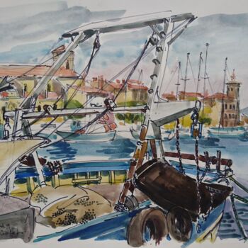 Pintura intitulada "La Ciotat, bateaux…" por Vincent Dumolard, Obras de arte originais, Aquarela