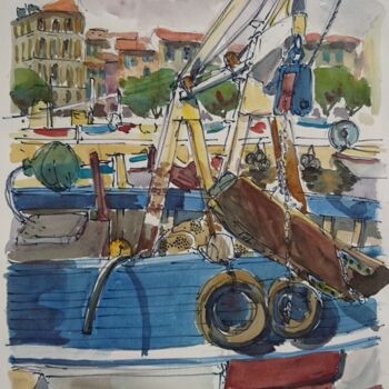 Painting titled "La Ciotat, bateaux…" by Vincent Dumolard, Original Artwork, Watercolor