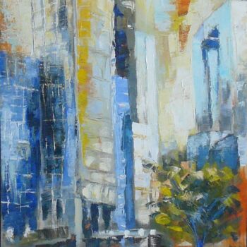 Painting titled "Sous la Défense" by Fabrice Bettrancourt, Original Artwork, Oil Mounted on Wood Stretcher frame
