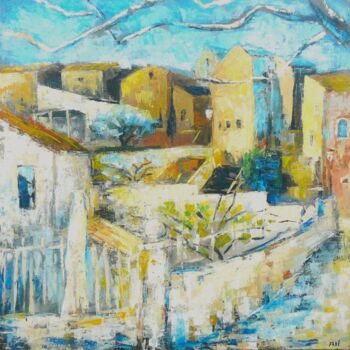 Painting titled "Village" by Fabrice Bettrancourt, Original Artwork, Oil Mounted on Wood Stretcher frame