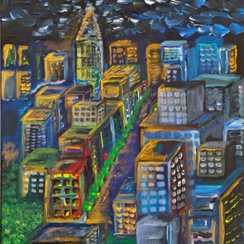 Peinture intitulée "Un soir sur la Ville" par Fabrice Deraison, Œuvre d'art originale, Acrylique