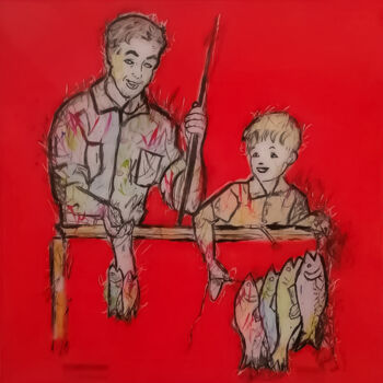 Schilderij getiteld "Partie de pêche" door Fabrice Hubert, Origineel Kunstwerk, Inkt Gemonteerd op Frame voor houten brancard
