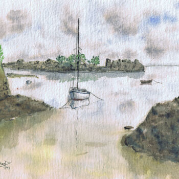 Painting titled "Bréhat, voilier bla…" by Fabrice Richard, Original Artwork, Watercolor