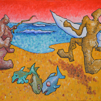 Painting titled "Surfeur Versus Pêch…" by Fabrice Réhel, Original Artwork