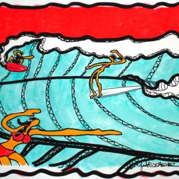 Drawing titled "surfeuses-trio" by Fabrice Réhel, Original Artwork