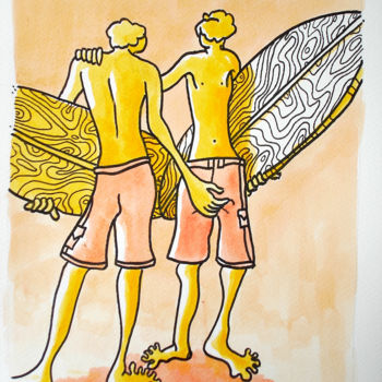 Disegno intitolato "Deux Surfeurs" da Fabrice Réhel, Opera d'arte originale