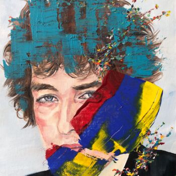 Painting titled "BOB DYLAN oil and a…" by Lautir, Original Artwork, Oil Mounted on Cardboard