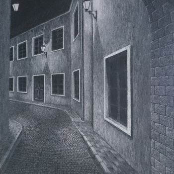 Dessin intitulée "ruelle la nuit" par Fabien Bochard, Œuvre d'art originale, Pastel