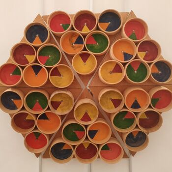 Sculpture titled "36 Una Hexa Buis" by Fadiese, Original Artwork, Wood Mounted on Wood Panel