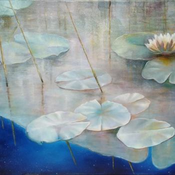 Painting titled "lotus" by Rosário Falcão, Original Artwork, Oil Mounted on Wood Stretcher frame