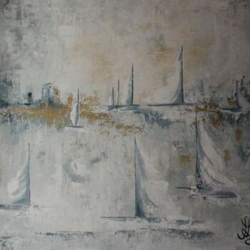 Painting titled "Mer et bateaux" by Fanny Lemarquier, Original Artwork, Acrylic Mounted on Wood Stretcher frame