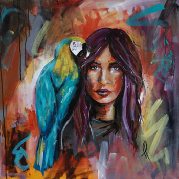 Картина под названием "Sarah et le ara" - Fanny Pasquier, Подлинное произведение искусства, Акрил Установлен на Деревянная р…