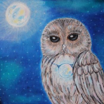 Malerei mit dem Titel "Owl and her own Moon" von Nadiia Morokhovets, Original-Kunstwerk, Acryl