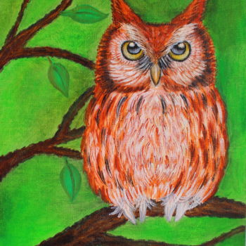 Painting titled "Owl on a branch" by Nadiia Morokhovets, Original Artwork, Oil