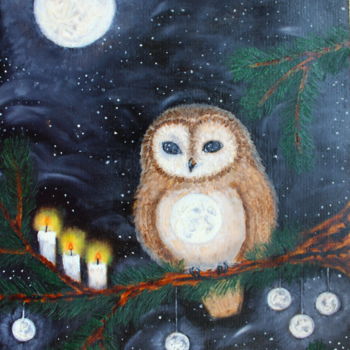 Painting titled "BARN OWL ON A BRANC…" by Nadiia Morokhovets, Original Artwork, Oil