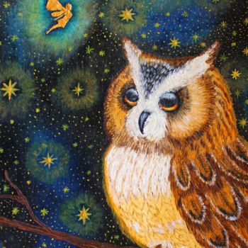 Painting titled "OWL AND FAIRY oil p…" by Nadiia Morokhovets, Original Artwork, Oil