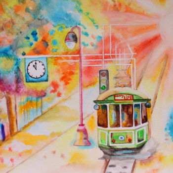 Malarstwo zatytułowany „Tram art colorful s…” autorstwa Nadiia Morokhovets, Oryginalna praca, Akwarela