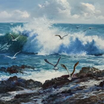 Painting titled "Seabirds And Waves" by Faramarz Mokhtarpour, Original Artwork, Oil