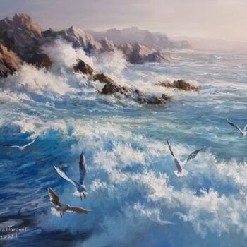 Painting titled "The Rocky Beach" by Faramarz Mokhtarpour, Original Artwork, Oil