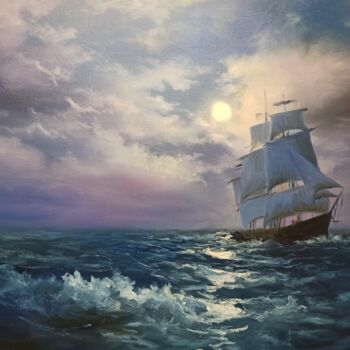 Painting titled "Moonlight On The Sea" by Faramarz Mokhtarpour, Original Artwork, Oil