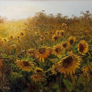 Painting titled "Sunset and Sunflowe…" by Faramarz Mokhtarpour, Original Artwork, Oil