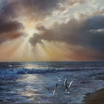 Painting titled "The Beach and sunset" by Faramarz Mokhtarpour, Original Artwork, Oil