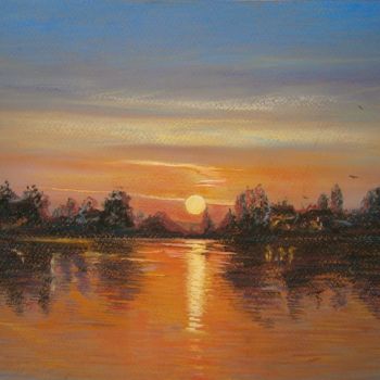 Картина под названием "Ночь на реке" - Юрий Маловица, Подлинное произведение искусства, Пастель