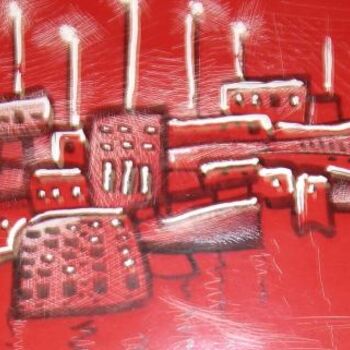 Картина под названием "ville rouge de nuit" - Farid Ait Aoudia, Подлинное произведение искусства