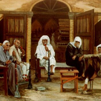 Painting titled "Café d'Azzaoui" by Faris Al-Rawi, Original Artwork, Oil