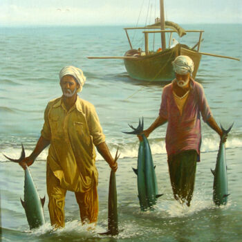 Peinture intitulée "Pêche" par Faris Al-Rawi, Œuvre d'art originale, Huile