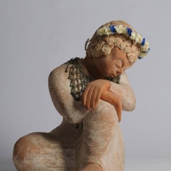 Sculpture titled "Sitting Girl With F…" by Farkas Fischhof, Original Artwork, Terra cotta