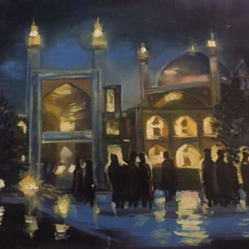 Painting titled "Mosque Wall Art, Wa…" by Elena Farshidi, Original Artwork, Oil Mounted on Wood Stretcher frame