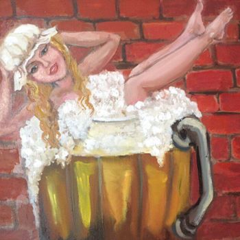 Painting titled "Girl with Beers,Wal…" by Elena Farshidi, Original Artwork, Oil Mounted on Wood Stretcher frame