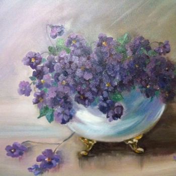 Painting titled "Violets in a vase,B…" by Elena Farshidi, Original Artwork, Oil Mounted on Wood Stretcher frame