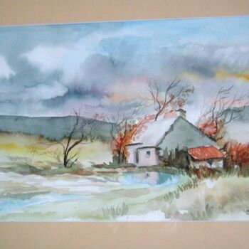 Painting titled "Maison en automne" by Farnaz Pishro, Original Artwork, Gouache