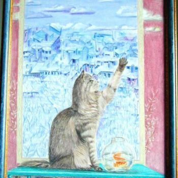 Pintura intitulada "Le chat et le  pois…" por Farnaz Pishro, Obras de arte originais, Lápis